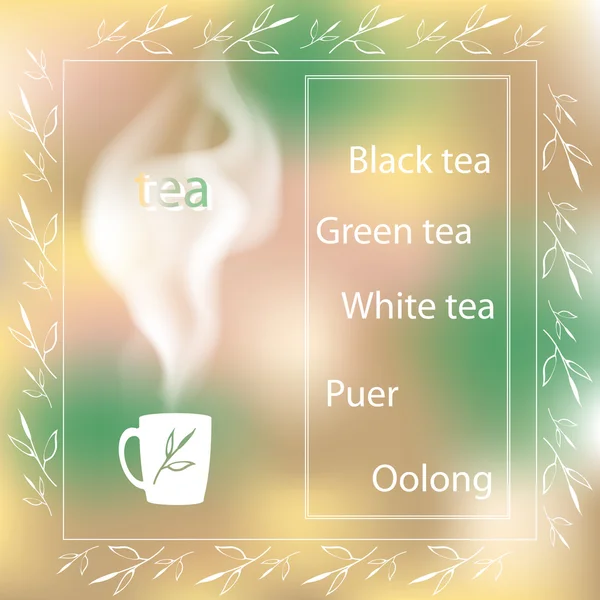 Tea idő kártya-val egy csésze teát a homályos háttérrel — Stock Vector