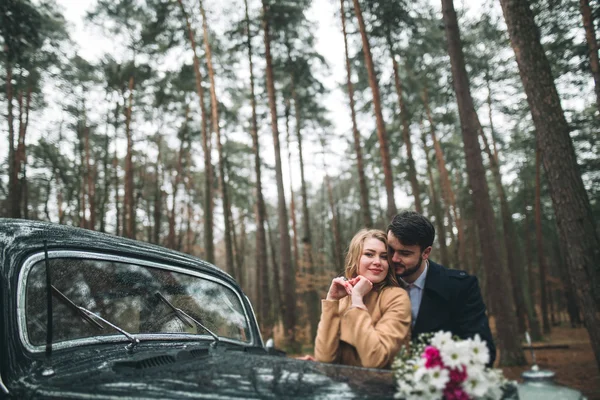 Stílusos szerető esküvői pár csók és egy fenyves erdő közelében retro autó átölelve — Stock Fotó