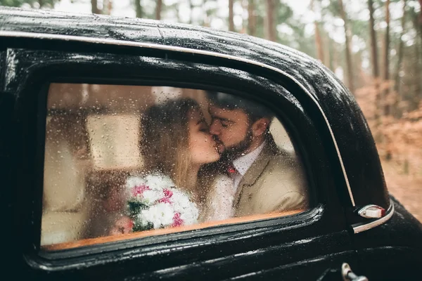 Elegante pareja de boda cariñosa besándose y abrazándose en un bosque de pinos cerca de coche retro —  Fotos de Stock