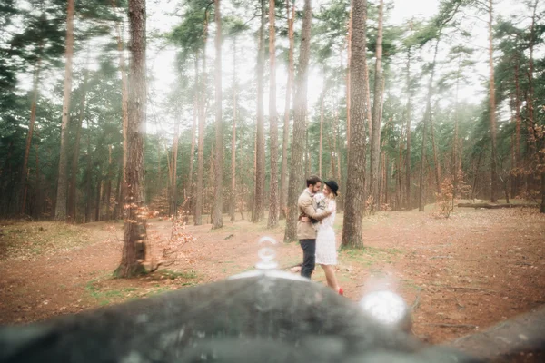 Elegante pareja de boda cariñosa besándose y abrazándose en un bosque de pinos cerca de coche retro — Foto de Stock
