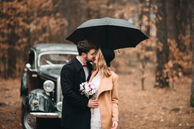 Gorgeous newlywed bride and groom posing in pine forest near retro car in their wedding day