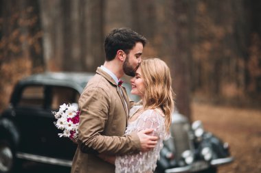 Gorgeous newlywed bride and groom posing in pine forest near retro car in their wedding day