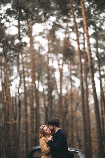 Gorgeous newlywed bride and groom posing in pine forest near retro car in their wedding day — 스톡 사진