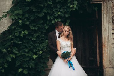 Mutlu düğün kaç sarılma ve birbirlerine arka plan güzel bitkiler kale üzerinde gülümseyen