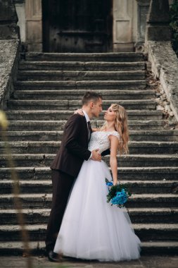 Lüks Çift düğün sarılma ve birbirlerine kale merdivenlerde gülümseyen