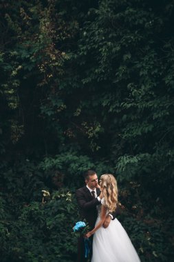 Lüks düğün sarılma ve öpüşme arka plan güzel bitkiler üzerinde çift ve antik kale mağara