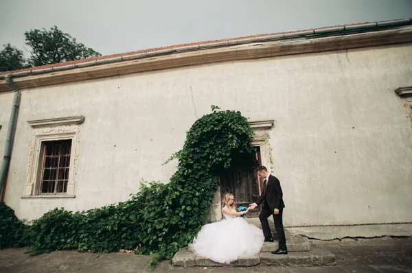 Šťastný Svatební pár objímat a usmívá se vzájemně na pozadí nádherné rostliny v zámku — Stock fotografie