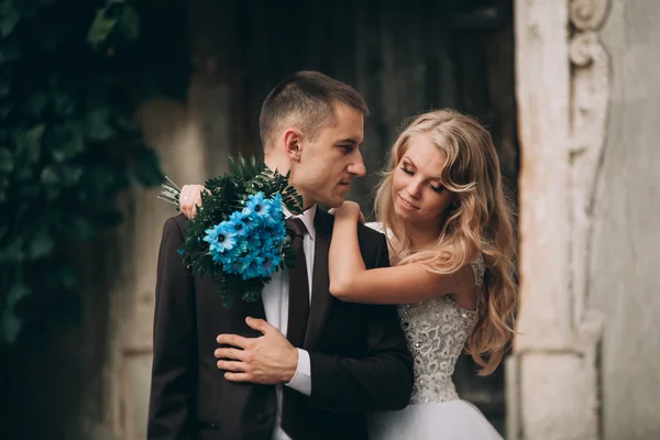 Feliz boda pareja abrazándose y sonriendo el uno al otro en el fondo hermosas plantas en el castillo — Foto de Stock