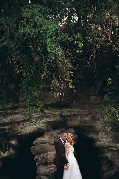 Pareja de boda de lujo abrazos y besos en el fondo hermosas plantas y cueva cerca del antiguo castillo —  Fotos de Stock