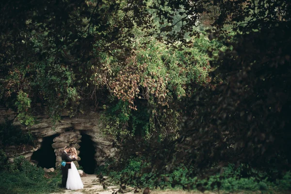 Luxusní Svatební pár objímat a líbat na pozadí nádherné rostliny a v jeskyni poblíž starobylého hradu — Stock fotografie