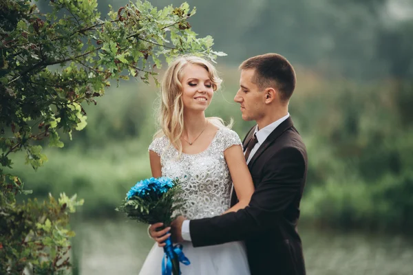 Pareja romántica de la boda, hombre y mujer, posando cerca del hermoso lago —  Fotos de Stock