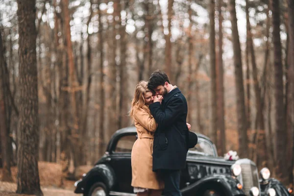 Elegant iubitor cuplu de nunta sarutandu-se si imbratisandu-se intr-o padure de pin langa masina retro — Fotografie, imagine de stoc