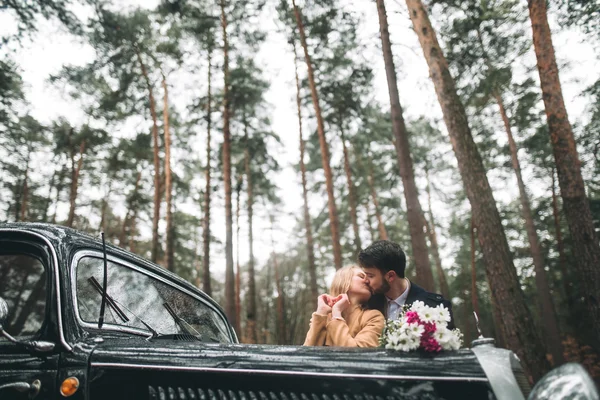 Stylish Loving wedding couple kissing and hugging in a pine forest near retro car — Stock Photo, Image