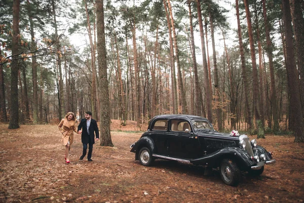 Elegante pareja de boda cariñosa besándose y abrazándose en un bosque de pinos cerca de coche retro — Foto de Stock