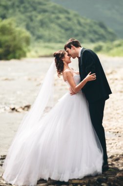 Zarif nazik şık damat ve gelin taşlarla Nehri yakınında. Evlilik çift aşık