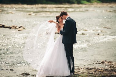 Zarif nazik şık damat ve gelin taşlarla Nehri yakınında. Evlilik çift aşık