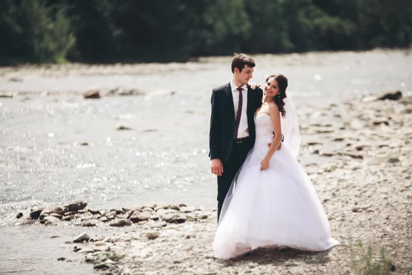 Magnifique couple de mariage embrasser et embrasser près de la rive d'une rivière de montagne avec des pierres — Photo