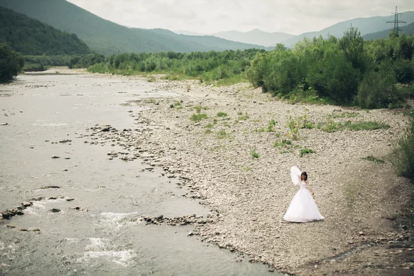 Schöne junge Luxusbraut in langem weißen Brautkleid und Schleier, die am Fluss mit Bergen im Hintergrund steht — Stockfoto