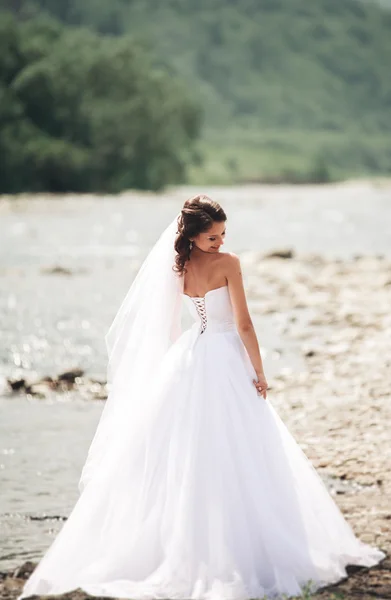 Beautiful luxury young bride in long white wedding dress and veil standing near river with mountains on background — Stock Photo, Image