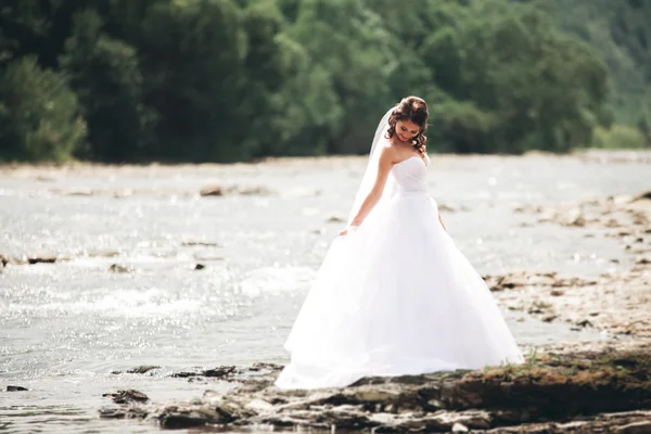 Beautiful luxury young bride in long white wedding dress and veil standing near river with mountains on background — Stock Photo, Image