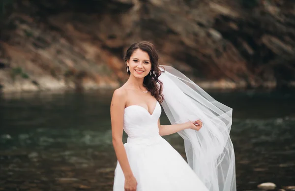Krásné luxusní mladá nevěsta v dlouhé bílé svatební šaty a závoj stojící poblíž řeky s horami na pozadí — Stock fotografie