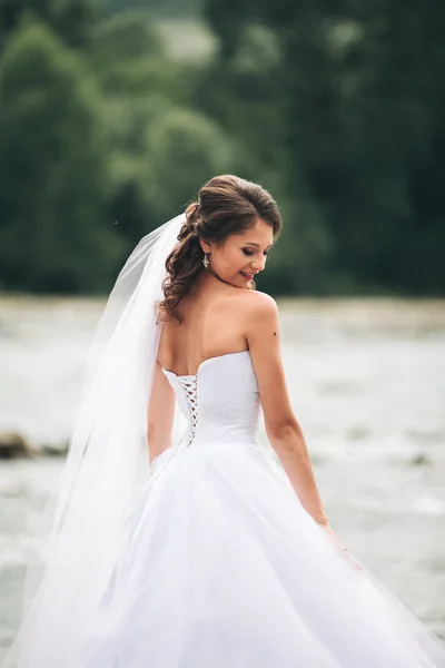 Bella lusso giovane sposa in abito da sposa lungo bianco e velo in piedi vicino al fiume con le montagne sullo sfondo — Foto Stock