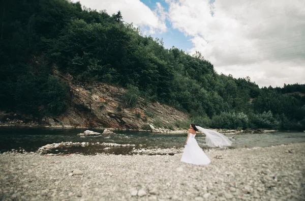 Hermosa novia joven de lujo en vestido de novia largo y blanco y velo de pie cerca del río con montañas en el fondo —  Fotos de Stock