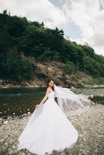 Bella lusso giovane sposa in abito da sposa lungo bianco e velo in piedi vicino al fiume con le montagne sullo sfondo — Foto Stock