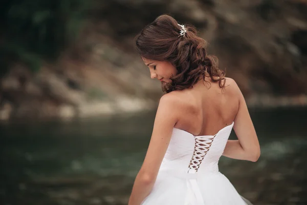 Hermosa novia joven de lujo en vestido de novia largo y blanco y velo de pie cerca del río con montañas en el fondo —  Fotos de Stock