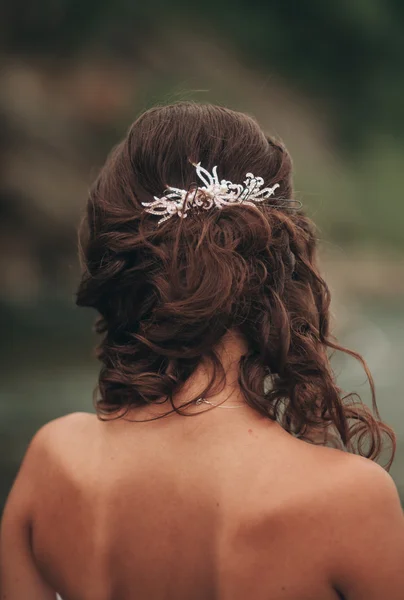Linda noiva jovem de luxo em vestido de noiva branco longo e véu de pé perto do rio com montanhas no fundo — Fotografia de Stock