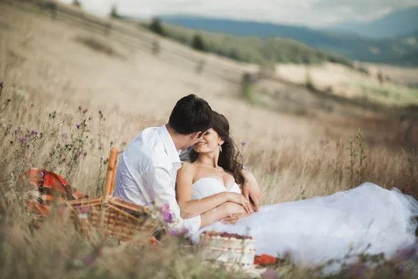 Hermosa pareja de boda en el picnic con fruta y pastel en un fondo de montañas —  Fotos de Stock