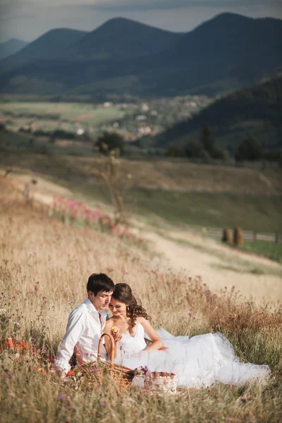 Casal bonito no piquenique com frutas e bolo em um fundo de montanhas — Fotografia de Stock