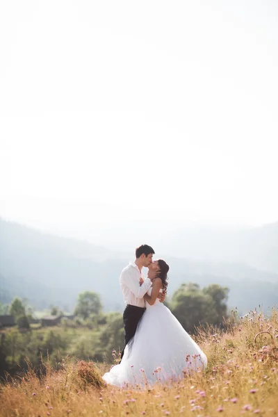 Romantická pohádka pár novomanželé pózuje při západu slunce na pozadí hory — Stock fotografie
