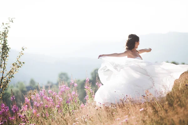 Linda noiva em vestido elegante posando no dia ensolarado de verão em um fundo de montanhas — Fotografia de Stock