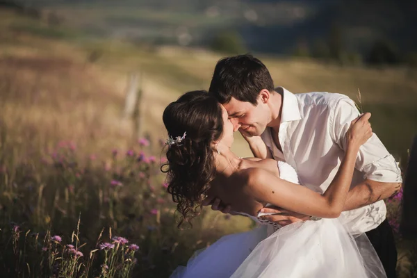 Casal de conto de fadas romântico recém-casados beijando e abraçando em um fundo de montanhas — Fotografia de Stock