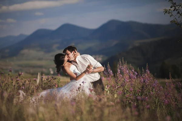 Romantic fairytale couple newlyweds kissing and embracing on a background of mountains — Stock Photo, Image