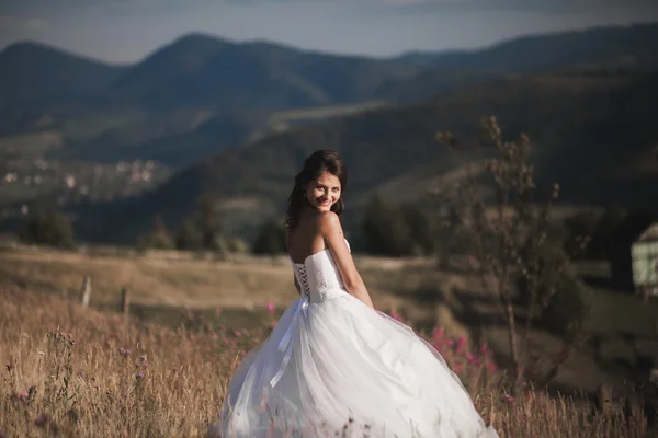 Linda noiva em vestido elegante posando no dia ensolarado de verão em um fundo de montanhas — Fotografia de Stock