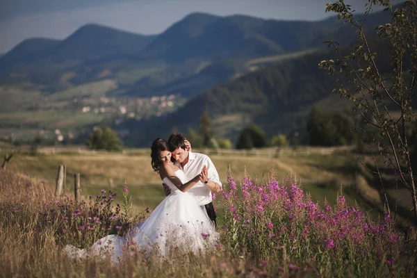 Casal de conto de fadas romântico recém-casados beijando e abraçando em um fundo de montanhas — Fotografia de Stock