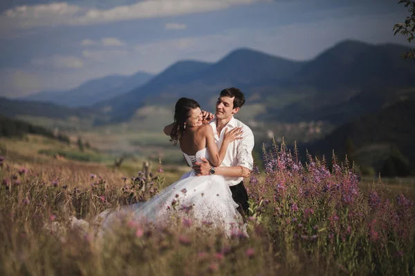 Romantica coppia di fiabe sposi che si baciano e si abbracciano su uno sfondo di montagne — Foto Stock