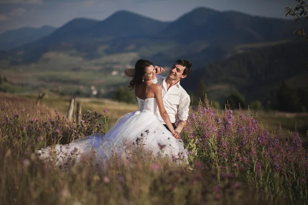 Romantica coppia di fiabe sposi che si baciano e si abbracciano su uno sfondo di montagne — Foto Stock