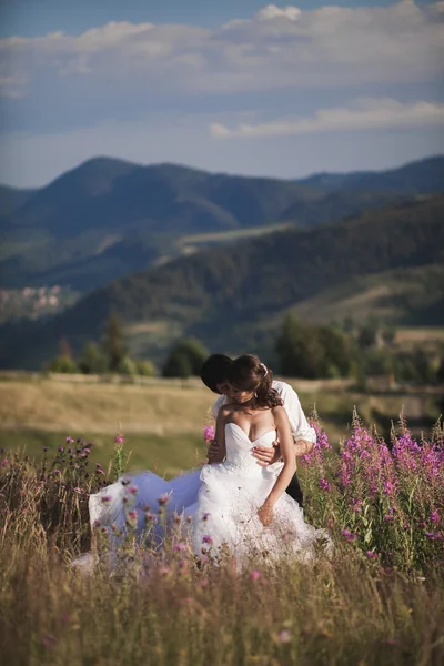 Öpüşme ve dağlar bir arka plan üzerinde kucaklayan romantik peri masalı çift yeni evliler — Stok fotoğraf