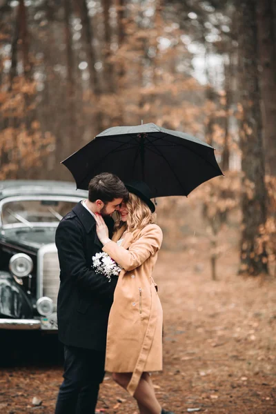 Romantik masal düğün çift öpüşme ve retro car yakınındaki çam ormanı içinde kucaklayan.
