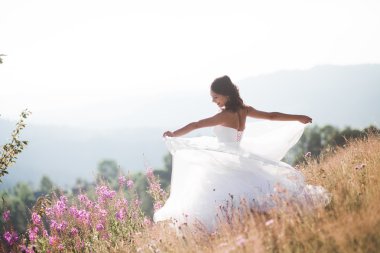 Bir arka plan Dağları'nın güneşli yaz gününde, poz şık elbiseli güzel gelin