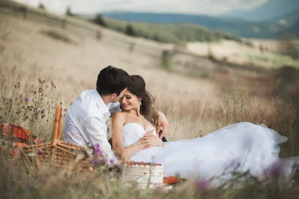 Casal bonito no piquenique com frutas e bolo em um fundo de montanhas — Fotografia de Stock