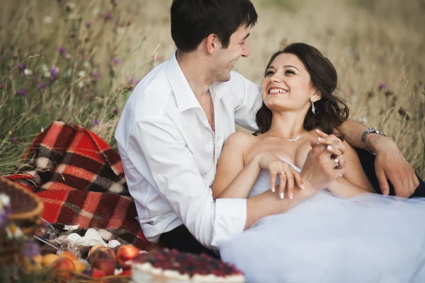 美丽的婚礼夫妇在野餐用水果和蛋糕，背景为山 — 图库照片