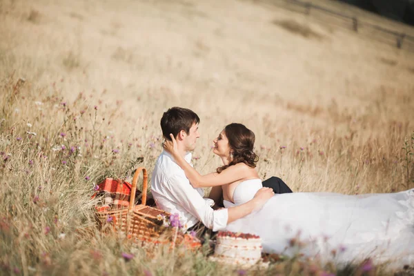 Schönes Hochzeitspaar beim Picknick mit Obst und Kuchen vor Bergkulisse — Stockfoto