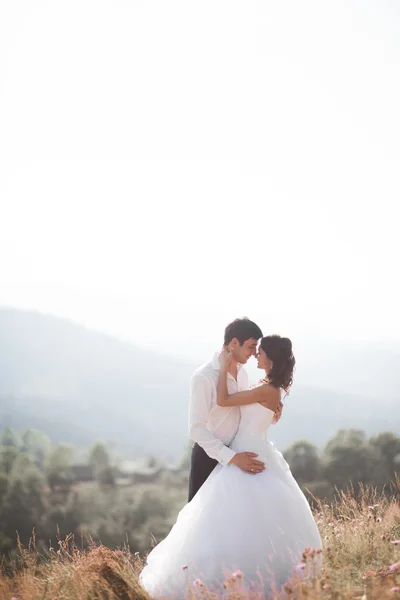 Романтическая сказочная пара молодоженов позирует на закате на фоне гор — стоковое фото