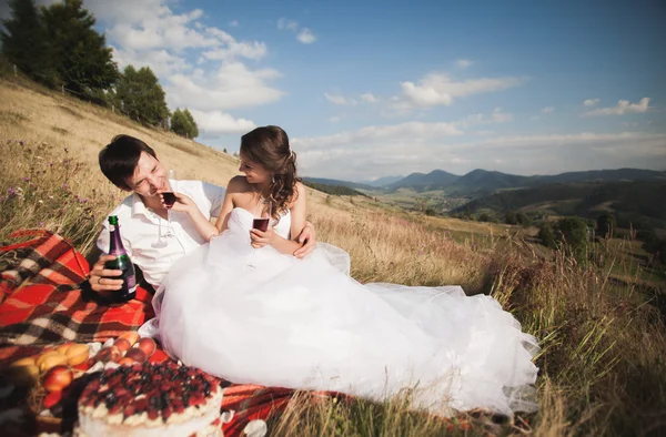 Casal bonito no piquenique com frutas e bolo em um fundo de montanhas — Fotografia de Stock