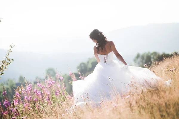 Linda noiva em vestido elegante posando no dia ensolarado de verão em um fundo de montanhas — Fotografia de Stock