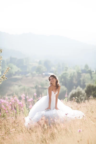 Linda noiva em vestido elegante posando no dia ensolarado de verão em um fundo de montanhas — Fotografia de Stock